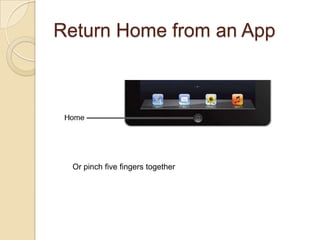 Return Home from an App




 Or pinch five fingers together
 