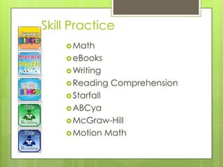 Skill Practice
Math
eBooks
Writing
Reading Comprehension
Starfall
ABCya
McGraw-Hill
Motion Math
 