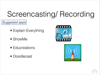 Screencasting/ Recording
Suggested apps

    • Explain Everything

    • ShowMe

    • Educreations

    • Doodlecast
 