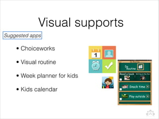 Visual supports
Suggested apps

    • Choiceworks

    • Visual routine

    • Week planner for kids

    • Kids calendar
 