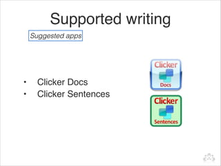Supported writing 
    Suggested apps




•     Clicker Docs
•     Clicker Sentences
 