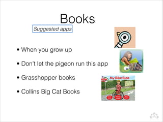 Books
      Suggested apps



• When you grow up

• Don't let the pigeon run this app

• Grasshopper books

• Collins Big Cat Books
 