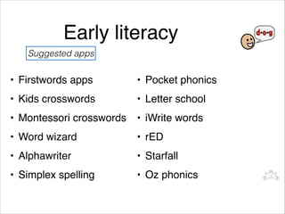  
           Early literacy
   Suggested apps


• Firstwords apps
       • Pocket phonics
• Kids crosswords
       • Letter school
• Montessori crosswords
 • iWrite words
• Word wizard
           • rED
• Alphawriter
           • Starfall
• Simplex spelling       • Oz phonics
 