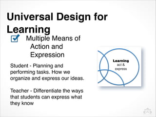 Universal Design for
Learning
Multiple Means of
     Multiple Means         of

     Action and
      Expression
Representation
Action and Expression
Student - Planning and
performing tasks. How we
Engagement
organize and express our ideas.

Teacher - Differentiate the ways
that students can express what
they know
 