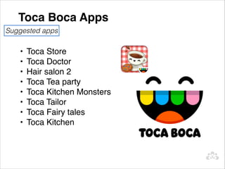 Toca Boca Apps
Suggested apps

   •   Toca Store
   •   Toca Doctor
   •   Hair salon 2
   •   Toca Tea party
   •   Toca Kitchen Monsters
   •   Toca Tailor
   •   Toca Fairy tales
   •   Toca Kitchen
 