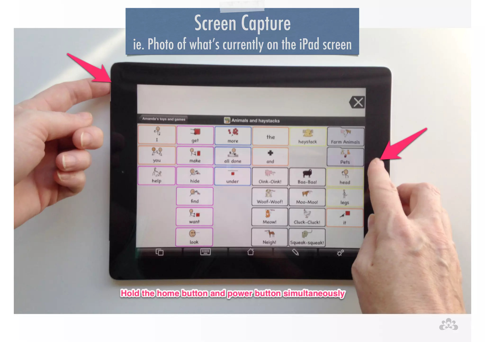 Screen Capture 
ie. Photo of what’s currently on the iPad screen 
 