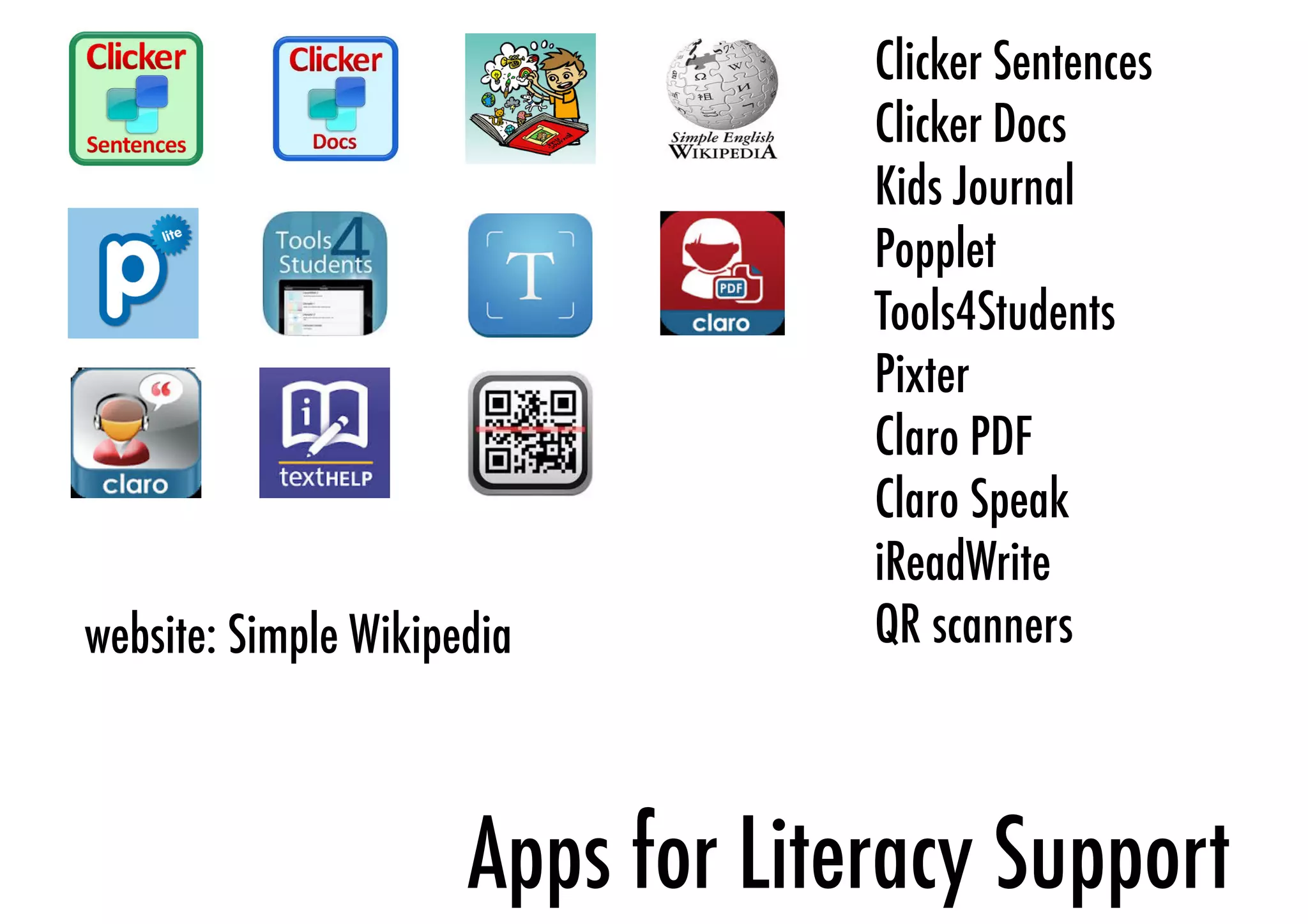 Clicker Sentences 
Clicker Docs 
Kids Journal 
Popplet 
Tools4Students 
Pixter 
Claro PDF 
Claro Speak 
iReadWrite 
website: Simple Wikipedia QR scanners 
Apps for Literacy Support 
 