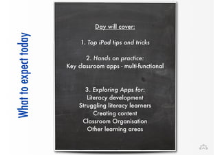 ! 
! 
Day will cover: 
today 
! 
expect to What ! 1. Top iPad tips and tricks 
! 
2. Hands on practice: 
Key classroom apps - multi-functional 
! 
! 
3. Exploring Apps for: 
Literacy development 
Struggling literacy learners 
Creating content 
Classroom Organisation 
Other learning areas 
 