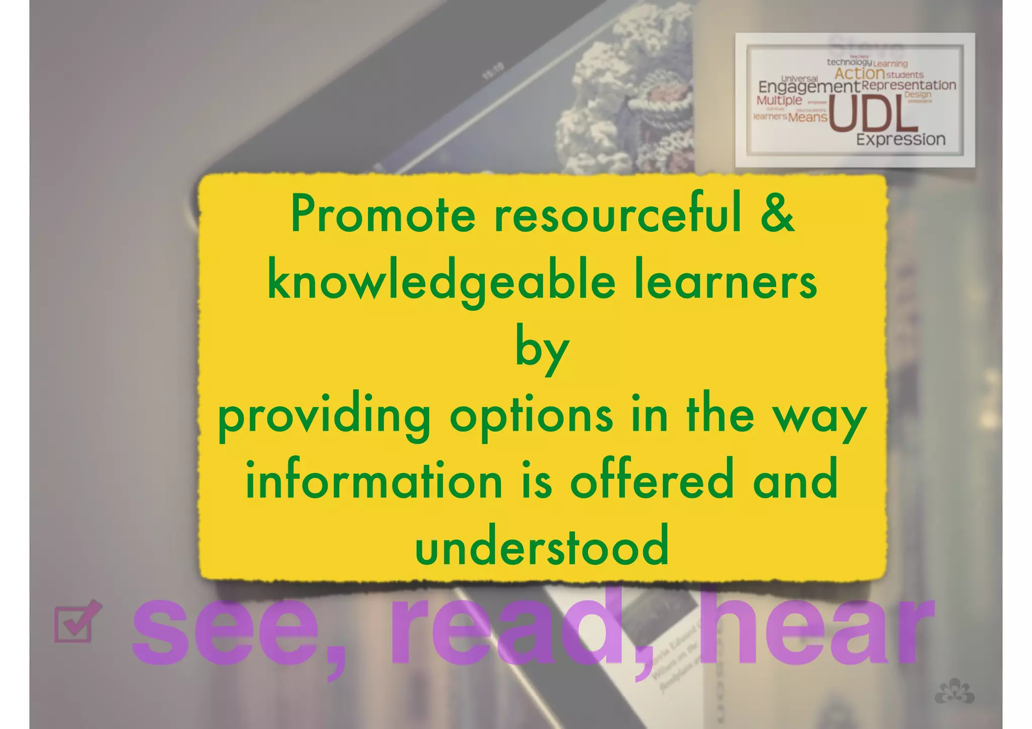 Promote resourceful & 
knowledgeable learners 
by 
providing options in the way 
information is offered and 
understood 
see, read, hear 
 