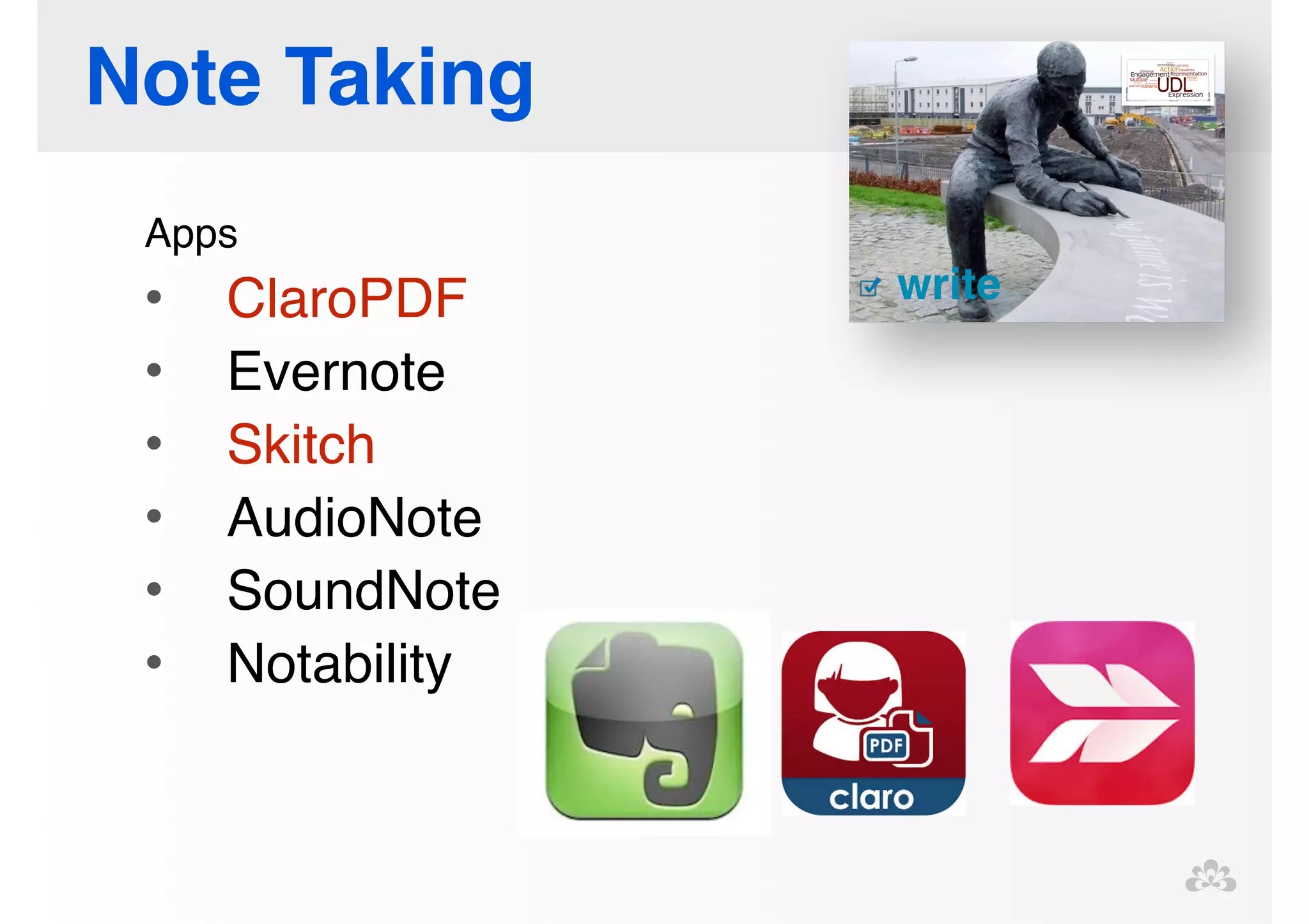 Note Taking 
Apps! 
• ClaroPDF! 
• Evernote! 
• Skitch! 
• AudioNote! 
• SoundNote! 
• Notability 
 