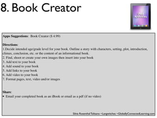 8. Book Creator

Apps Suggestions: Book Creator ($ 4.99)

Directions:
1.Decide intended age/grade level for your book. Outline a story with characters, setting, plot, introduction,
climax, conclusion, etc. or the content of an informational book.
2. Find, shoot or create your own images then insert into your book
3. Add text to your book
4. Add sound to your book
5. Add links to your book
6. Add video to your book
7. Format pages, text, video and/or images


Share:
• Email your completed book as an iBook or email as a pdf (if no video)


                                                     Silvia Rosenthal Tolisano ~Langwitches ~GloballyConnectedLearning.com
 