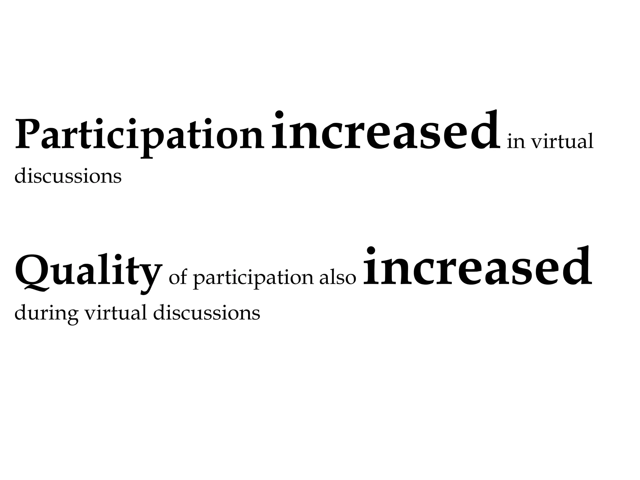 Participation increased in virtual
discussions

Quality of participation also increased
during virtual discussions

 