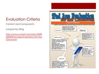 Evaluation Criteria
Content and Components

Langwiches Blog

http://www.scribd.com/doc/9498
0508/iPad-App-Evaluation-for-the-
Classroom
 