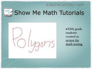 Show Me Math Tutorials
‣Fifth grade
students
created as
review for
math testing
SCREENCASTING APPS
 