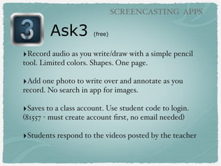 Ask3 (free)
SCREENCASTING APPS
‣Record audio as you write/draw with a simple pencil
tool. Limited colors. Shapes. One page.
‣Add one photo to write over and annotate as you
record. No search in app for images.
‣Saves to a class account. Use student code to login.
(81557 - must create account ﬁrst, no email needed)
‣Students respond to the videos posted by the teacher
 