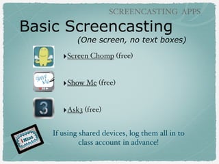Basic Screencasting
(One screen, no text boxes)
SCREENCASTING APPS
‣Screen Chomp (free)
‣Show Me (free)
‣Ask3 (free)
If using shared devices, log them all in to
class account in advance!
 