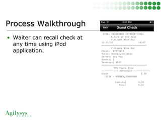 • Waiter can recall check at
any time using iPod
application.
Process WalkthroughProcess Walkthrough
 