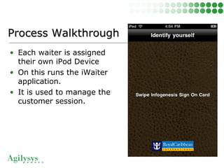 • Each waiter is assigned
their own iPod Device
• On this runs the iWaiter
application.
• It is used to manage the
customer session.
Process WalkthroughProcess Walkthrough
 