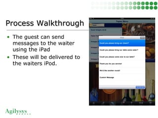 • The guest can send
messages to the waiter
using the iPad
• These will be delivered to
the waiters iPod.
Process WalkthroughProcess Walkthrough
 