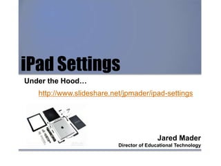 iPad Settings
Under the Hood…
Jared Mader
Director of Educational Technology
http://www.slideshare.net/jpmader/ipadsettings
 