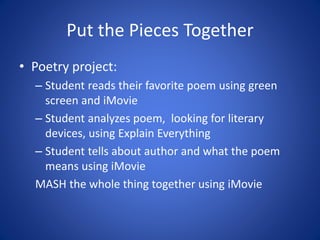 Put the Pieces Together
• Poetry project:
– Student reads their favorite poem using green
screen and iMovie
– Student anal...