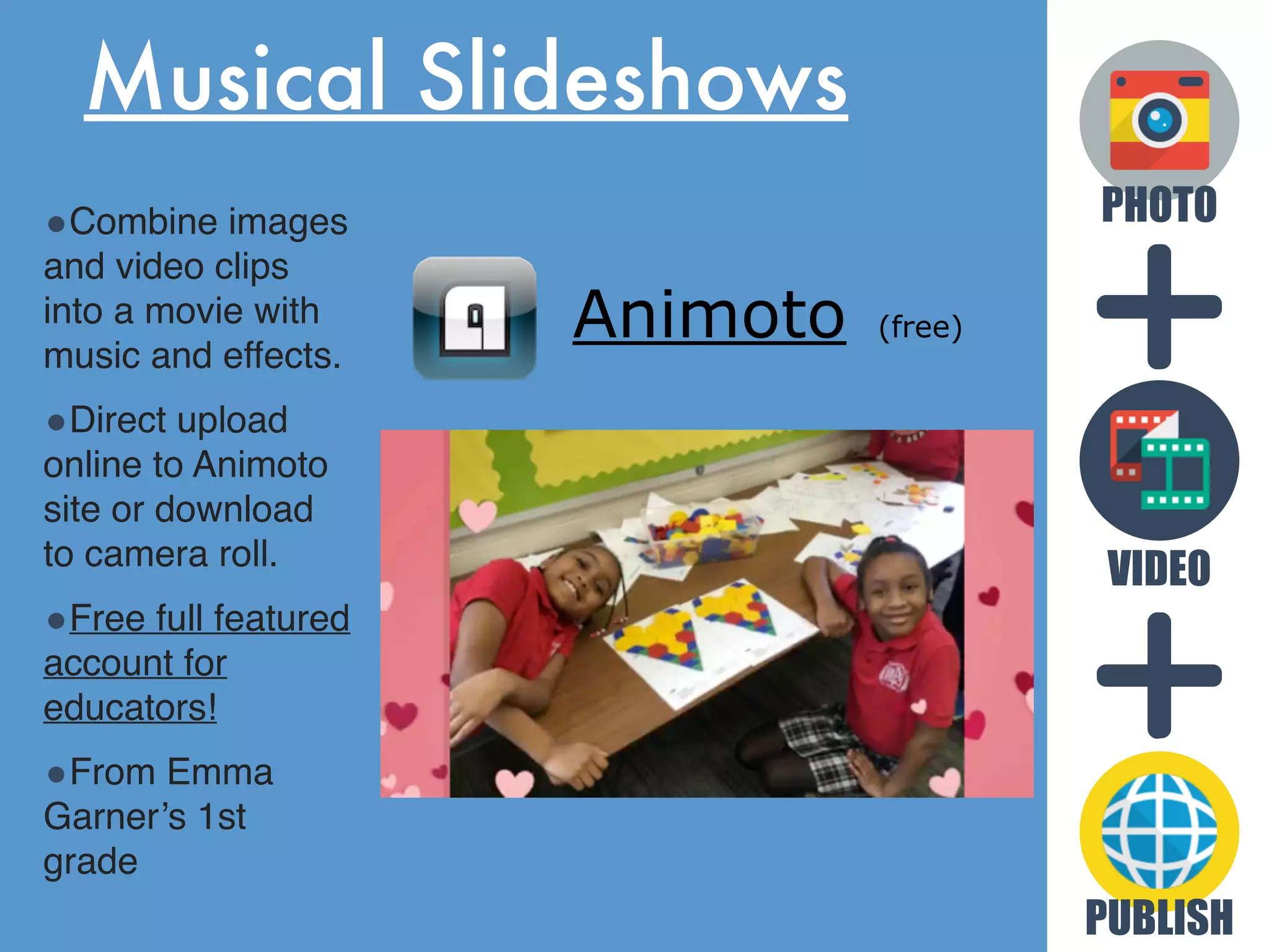 PHOTO
Animoto (free)
Musical Slideshows
PUBLISH
•Combine images
and video clips
into a movie with
music and effects.
•Direct upload
online to Animoto
site or download
to camera roll.
•Free full featured
account for
educators!
•From Emma
Garner’s 1st
grade
VIDEO
 