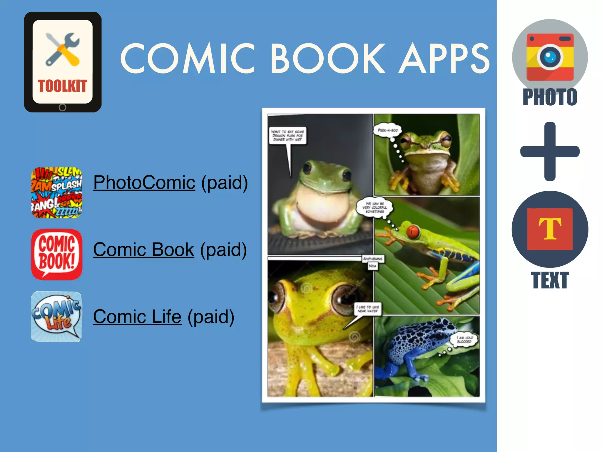 PHOTO
TEXT
T
COMIC BOOK APPS
PhotoComic (paid)
Comic Book (paid)
Comic Life (paid)
TOOLKIT
 