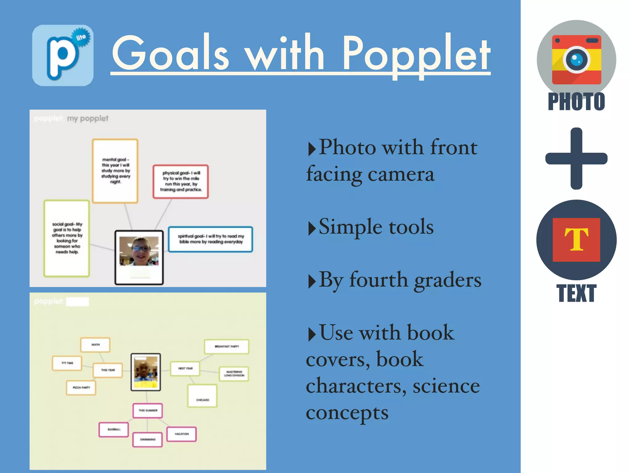 PHOTO
TEXT
T
Goals with Popplet
‣Photo with front
facing camera
‣Simple tools
‣By fourth graders
‣Use with book
covers, book
characters, science
concepts
 