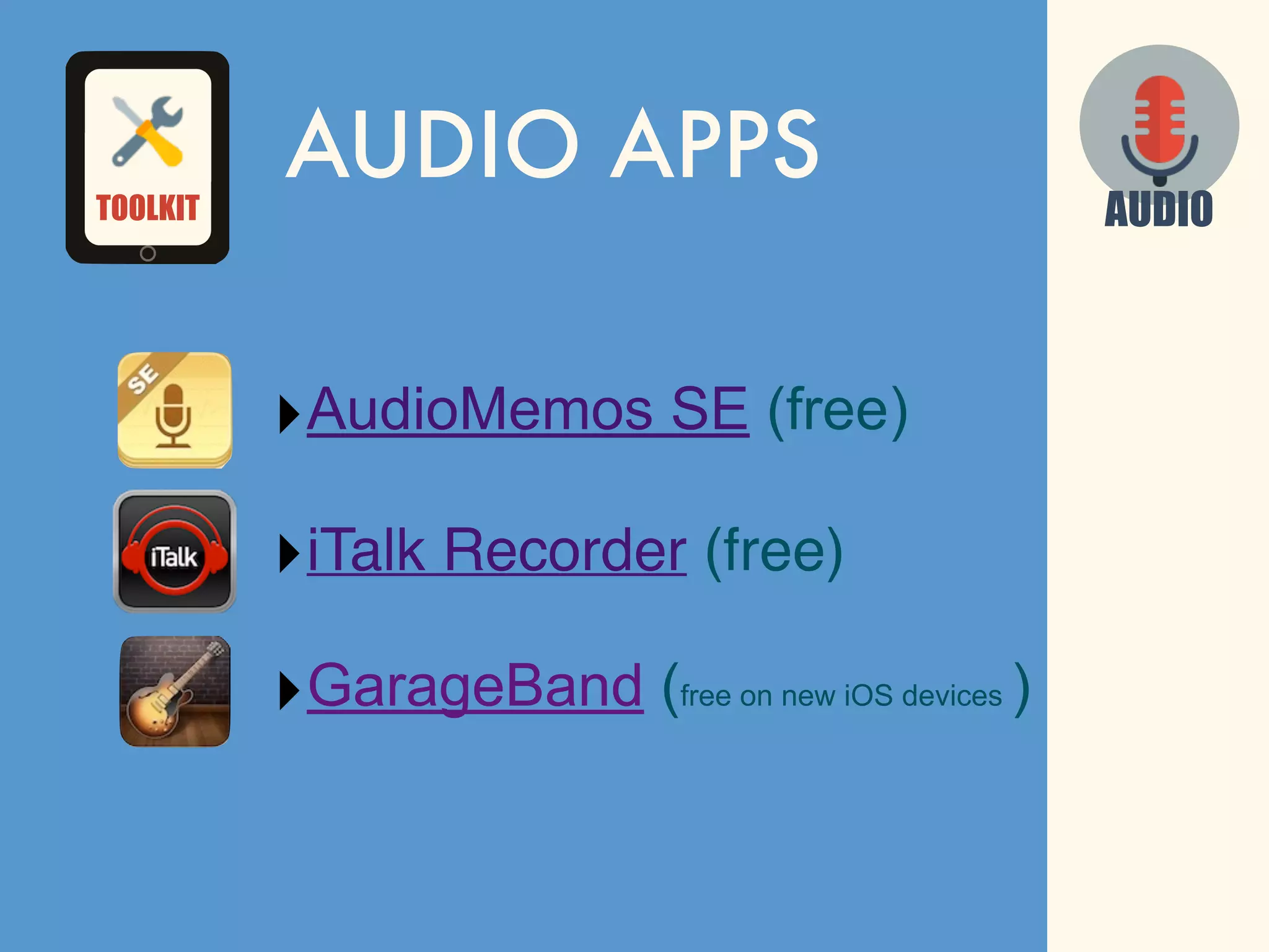 AUDIO APPS
‣AudioMemos SE (free)
‣iTalk Recorder (free)
‣GarageBand (free on new iOS devices )
AUDIOTOOLKIT
 