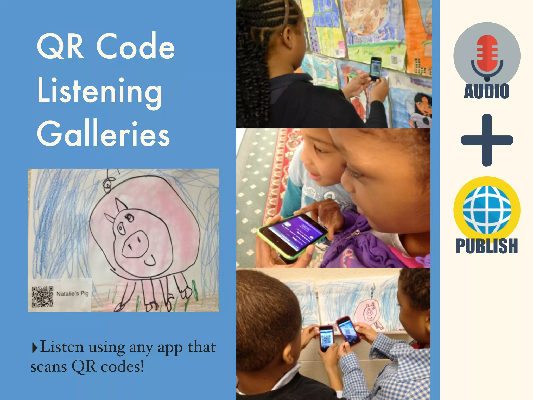 QR Code
Listening
Galleries
‣Listen using any app that
scans QR codes!
PUBLISH
AUDIO
 