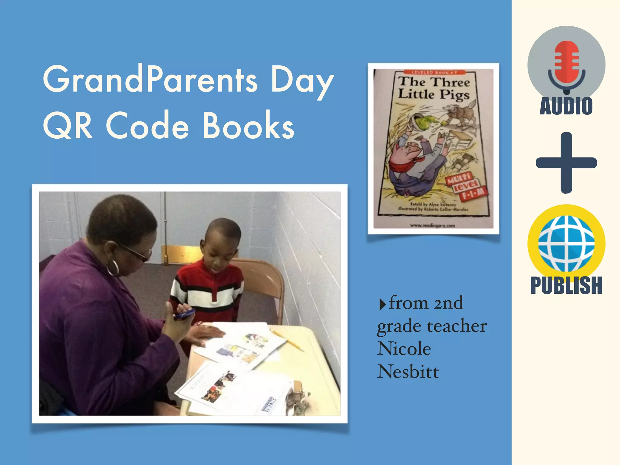 PUBLISH
AUDIO
GrandParents Day
QR Code Books
‣from 2nd
grade teacher
Nicole
Nesbitt
 