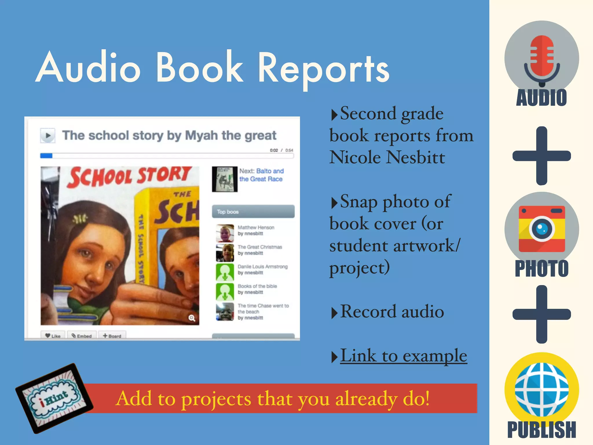 Audio Book Reports
‣Second grade
book reports from
Nicole Nesbitt
‣Snap photo of
book cover (or
student artwork/
project)
‣Record audio
‣Link to example
Add to projects that you already do!
PUBLISH
PHOTO
AUDIOAUDIO
 