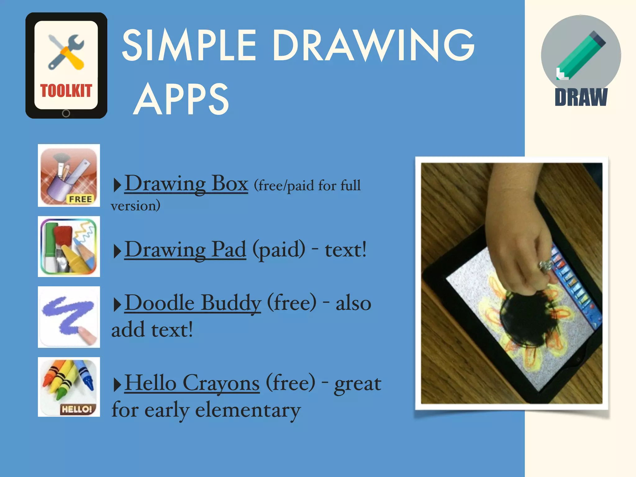 DRAW
SIMPLE DRAWING
APPS
‣Drawing Box (free/paid for full
version)
‣Drawing Pad (paid) - text!
‣Doodle Buddy (free) - also
add text!
‣Hello Crayons (free) - great
for early elementary
TOOLKIT
 