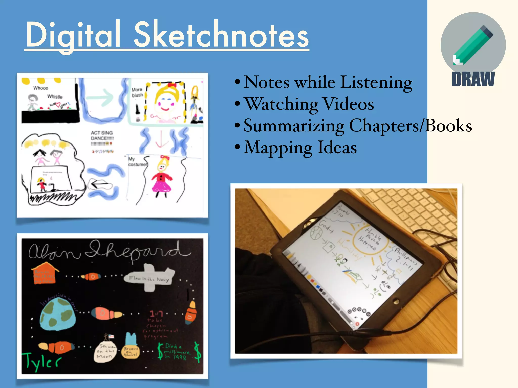 Digital Sketchnotes
DRAW• Notes while Listening
• Watching Videos
• Summarizing Chapters/Books
• Mapping Ideas
 