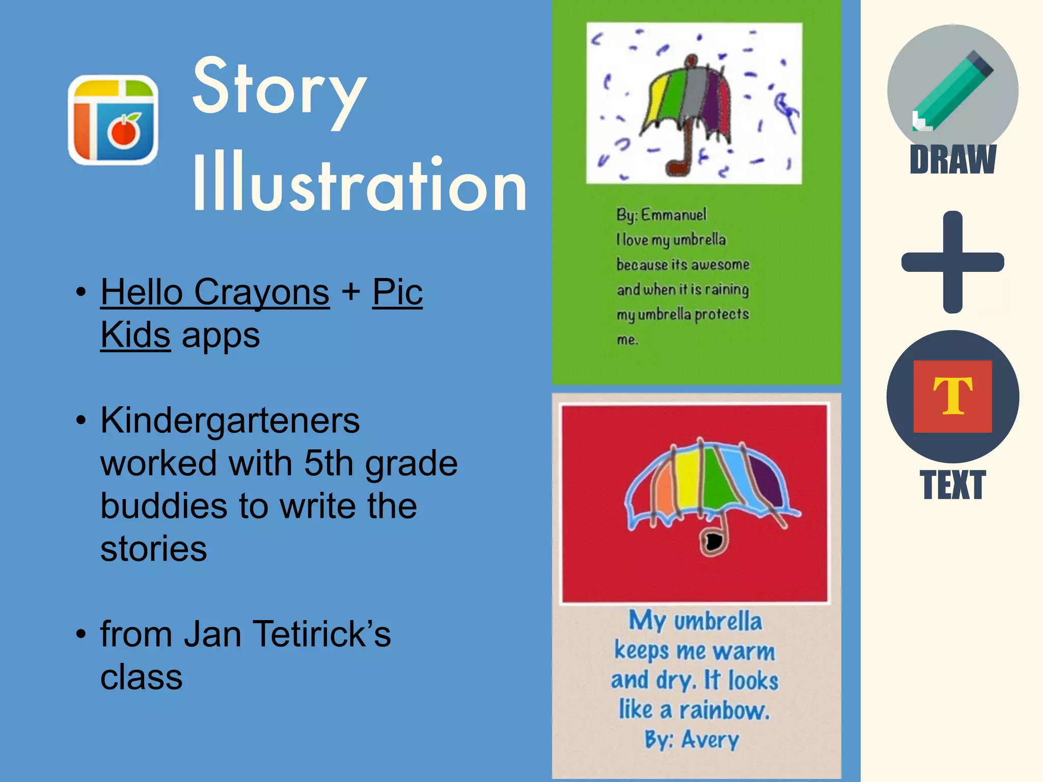 DRAW
Story
Illustration
• Hello Crayons + Pic
Kids apps
• Kindergarteners
worked with 5th grade
buddies to write the
stories
• from Jan Tetirick’s
class
TEXT
T
 