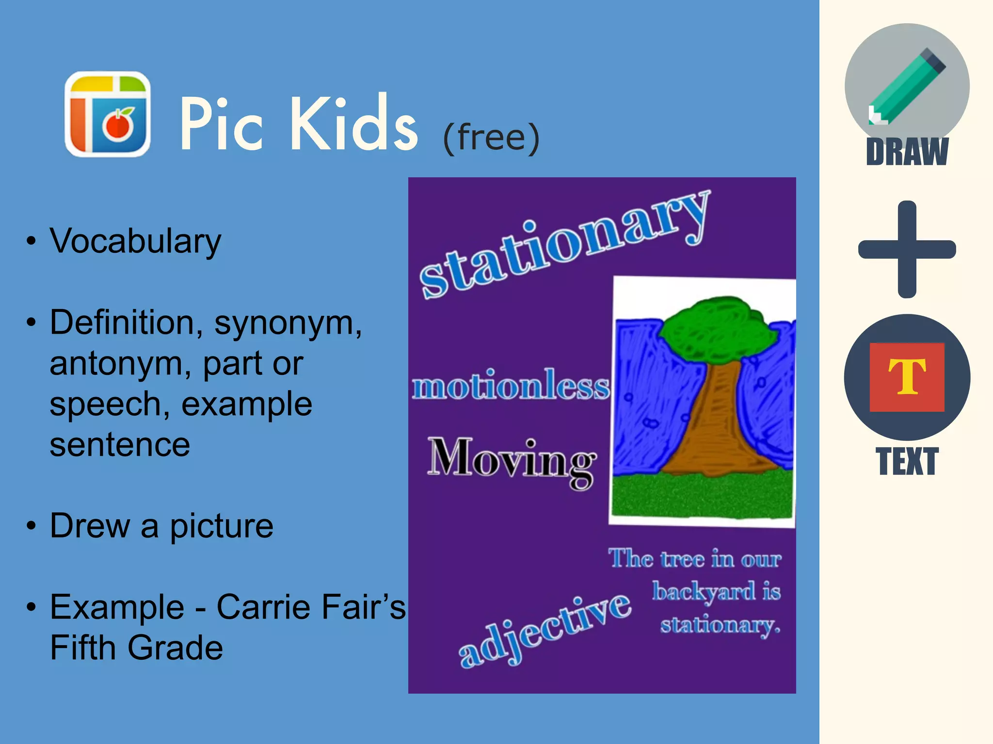 DRAWPic Kids (free)
• Vocabulary
• Definition, synonym,
antonym, part or
speech, example
sentence
• Drew a picture
• Example - Carrie Fair’s
Fifth Grade
TEXT
T
 
