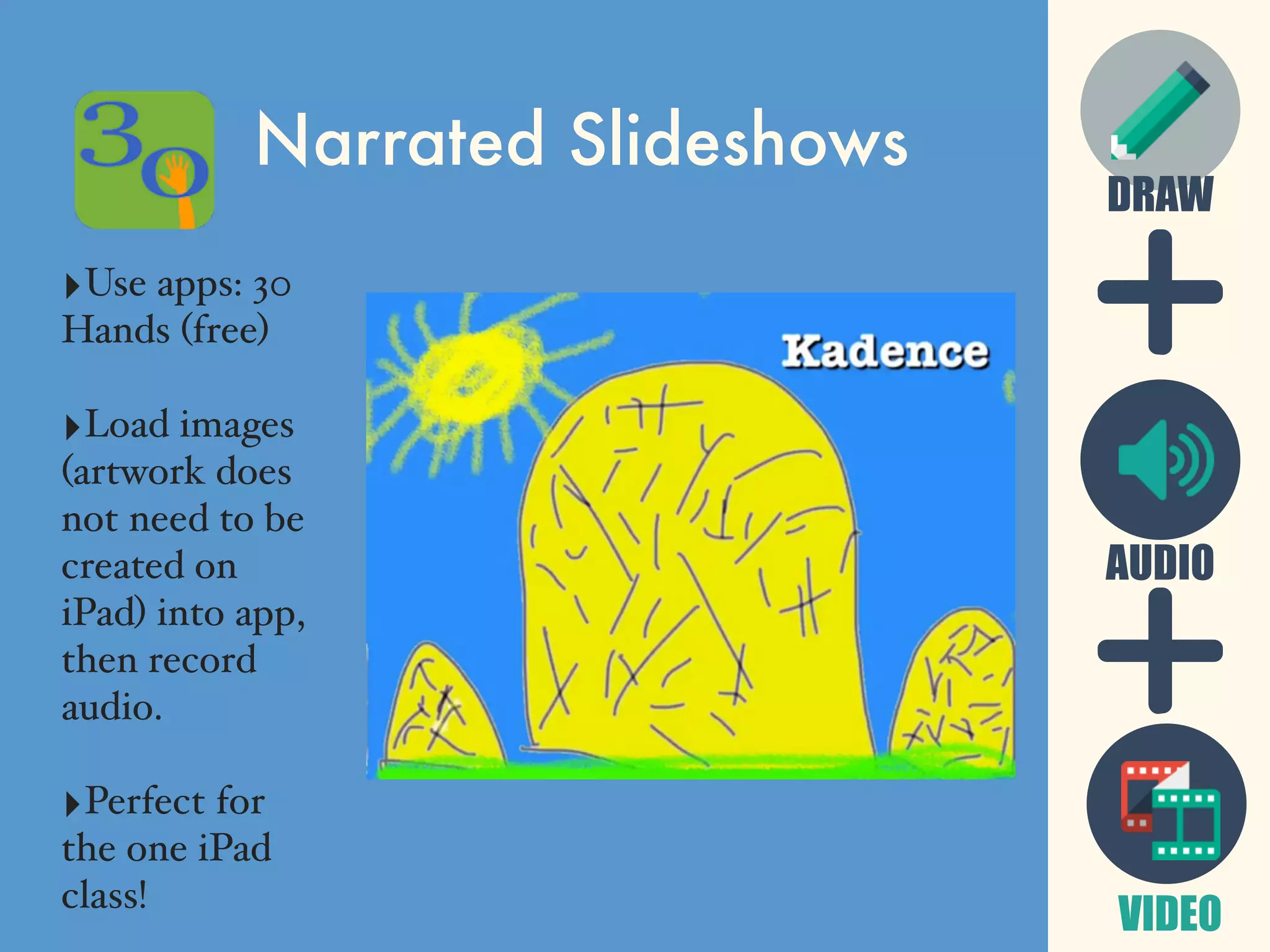 Narrated Slideshows
‣Use apps: 30
Hands (free)
‣Load images
(artwork does
not need to be
created on
iPad) into app,
then record
audio.
‣Perfect for
the one iPad
class!
DRAW
AUDIO
VIDEO
 