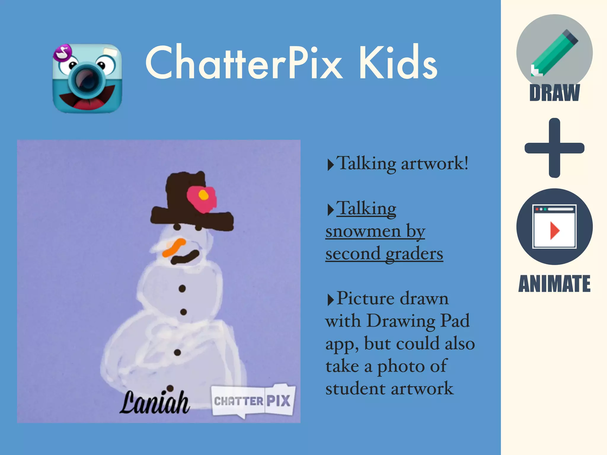 DRAW
ChatterPix Kids
‣Talking artwork!
‣Talking
snowmen by
second graders
‣Picture drawn
with Drawing Pad
app, but could also
take a photo of
student artwork
ANIMATE
 