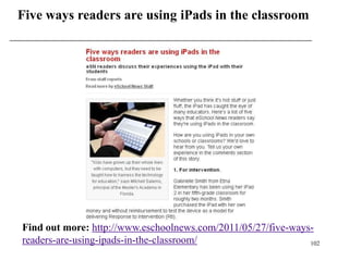 Five ways readers are using iPads in the classroom




Find out more: http://www.eschoolnews.com/2011/05/27/five-ways-
readers-are-using-ipads-in-the-classroom/                     102
 