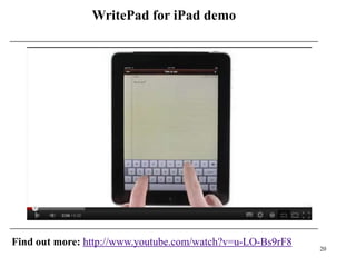 WritePad for iPad demo




Find out more: http://www.youtube.com/watch?v=u-LO-Bs9rF8
                                                            20
 