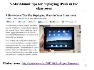 5 Must-know tips for deploying iPads in the
                    classroom




Find out more: http://edudemic.com/2012/08/ipad-tips-classroom/
                                                                  32
 