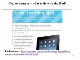 iPad on campus – what to do with the iPad?




Find out more: http://interactyx.com/social-learning-blog/ipad-on-
campus-what-to-do-with-the-ipad/
                                                                     40
 
