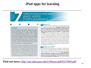 iPad apps for learning




Find out more: http://net.educause.edu/ir/library/pdf/ELI7069.pdf
                                                                    50
 