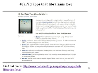 40 iPad apps that librarians love




Find out more: http://www.onlinecolleges.org/40-ipad-apps-that-
                                                                  96
librarians-love/
 