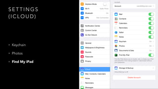 SETTINGS 
(ICLOUD) 
• Keychain 
• Photos 
• Find My iPad 
 