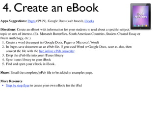 4. Create an eBook
Apps Suggestions: Pages ($9.99), Google Docs (web based), iBooks

Directions: Create an eBook with information for your students to read about a speciﬁc subject,
topic or area of interest. (Ex. Monarch Butterﬂies, South American Countries, Student Created Essay or
Poem Anthology, etc.)
 1. Create a word document in (Google Docs, Pages or Microsoft Word)
 2. In Pages save document as an ePub ﬁle. If you used Word or Google Docs, save as .doc, then
    convert the ﬁle with the free online ePub converter.
 3. Drop the ePub ﬁle into your iTunes library
 4. Sync itunes library to your iBook
 5. Find and open your eBook in iBook.

Share: Email the completed ePub ﬁle to be added to examples page.

More Resource
 • Step by step ﬂyer to create your own eBook for the iPad
 