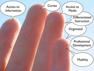 Access to    Curate   Access to
Information             Media

                           Differentiated
                            Instruction

                        Organized


                           Professional
                           Development



                              Mobility
 