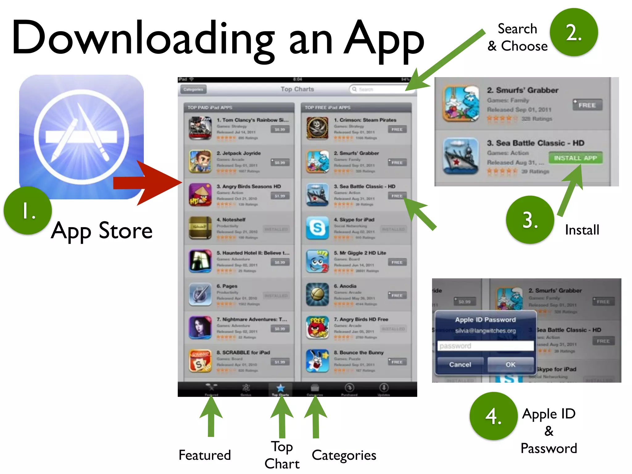 Downloading an App                              Search
                                               & Choose
                                                          2.




1.                                                  3.
     App Store                                            Install




                                               4.   Apple ID
                                                        &
                             Top                    Password
                 Featured         Categories
                            Chart
 