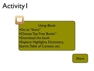 Activity1

                   Using iBook
     •Go to “Store”
     •Choose Top Free Books”
     •Download the book
     •Explore Highlights, Dictionary,
     Search, Table of Content, etc.


                                        Share
 
