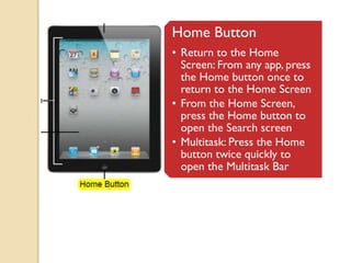 Home Button
• Return to the Home
  Screen: From any app, press
  the Home button once to
  return to the Home Screen
• From the Home Screen,
  press the Home button to
  open the Search screen
• Multitask: Press the Home
  button twice quickly to
  open the Multitask Bar
 